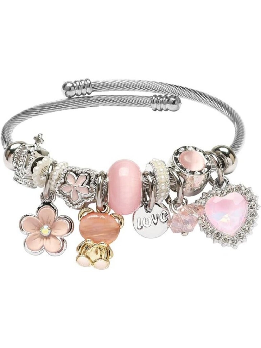 Silver Pink Bear Cool Charm Bracelet Silver Stainless Steel Bangle